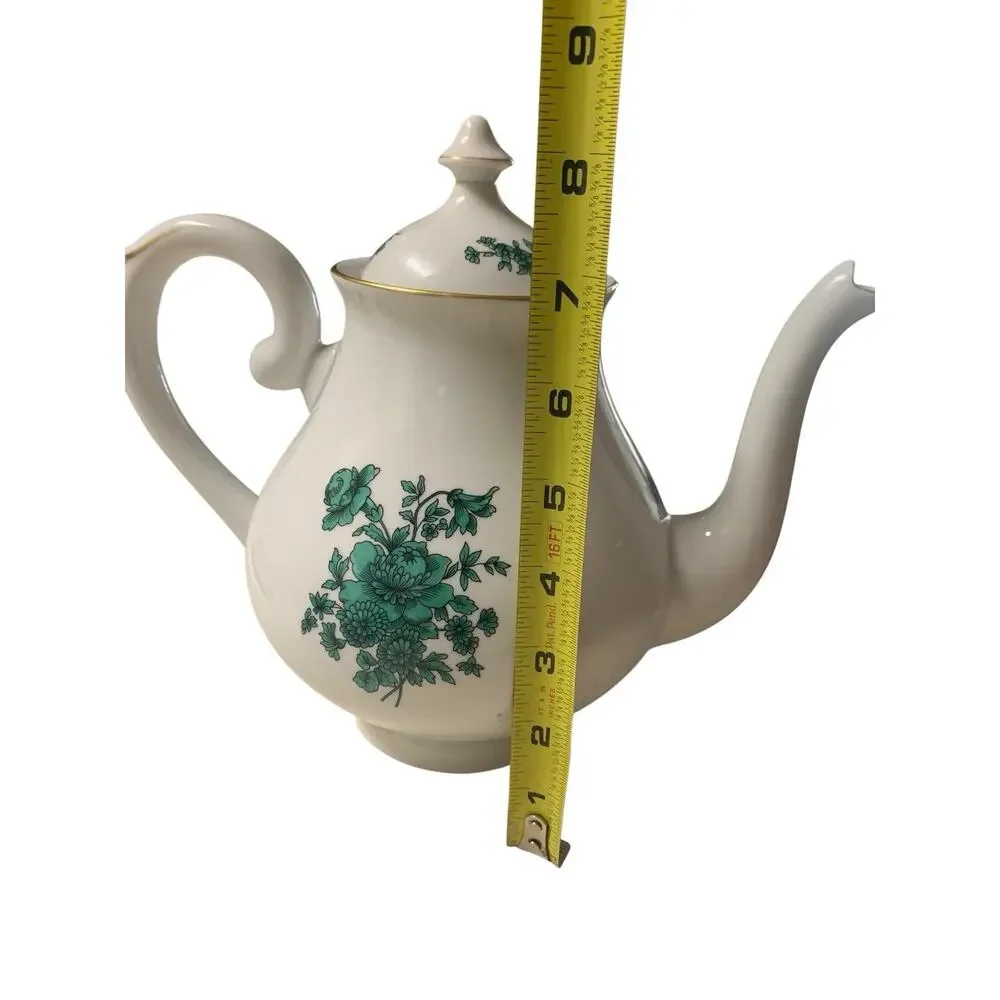 Mottahedeh Vista Alegre Porcelain 9 Inch Green Rose Floral Tea Pot Made In Portu